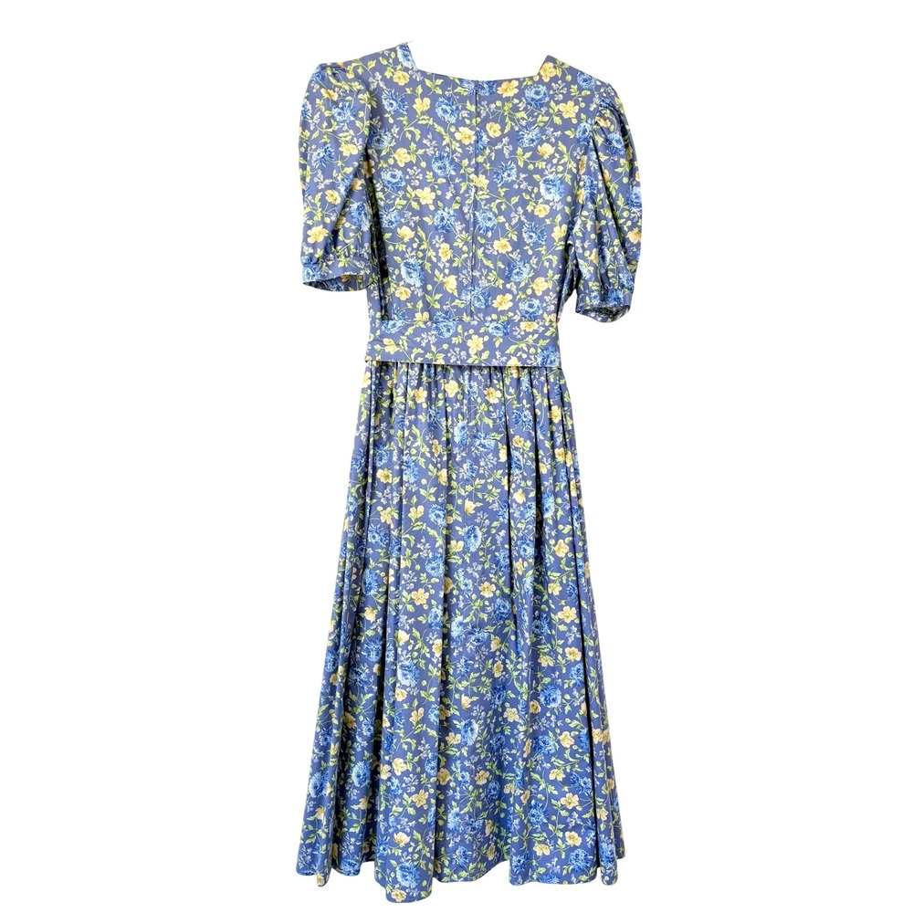VTG Laura Ashley Blue Floral Cotton‎ Puff Sleeve Midi Dress Cottage core Sz 10